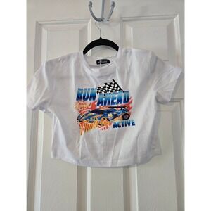 Vblane White Graphic Crop T Shirt Racing Car Flames Speed Active Women's Size S